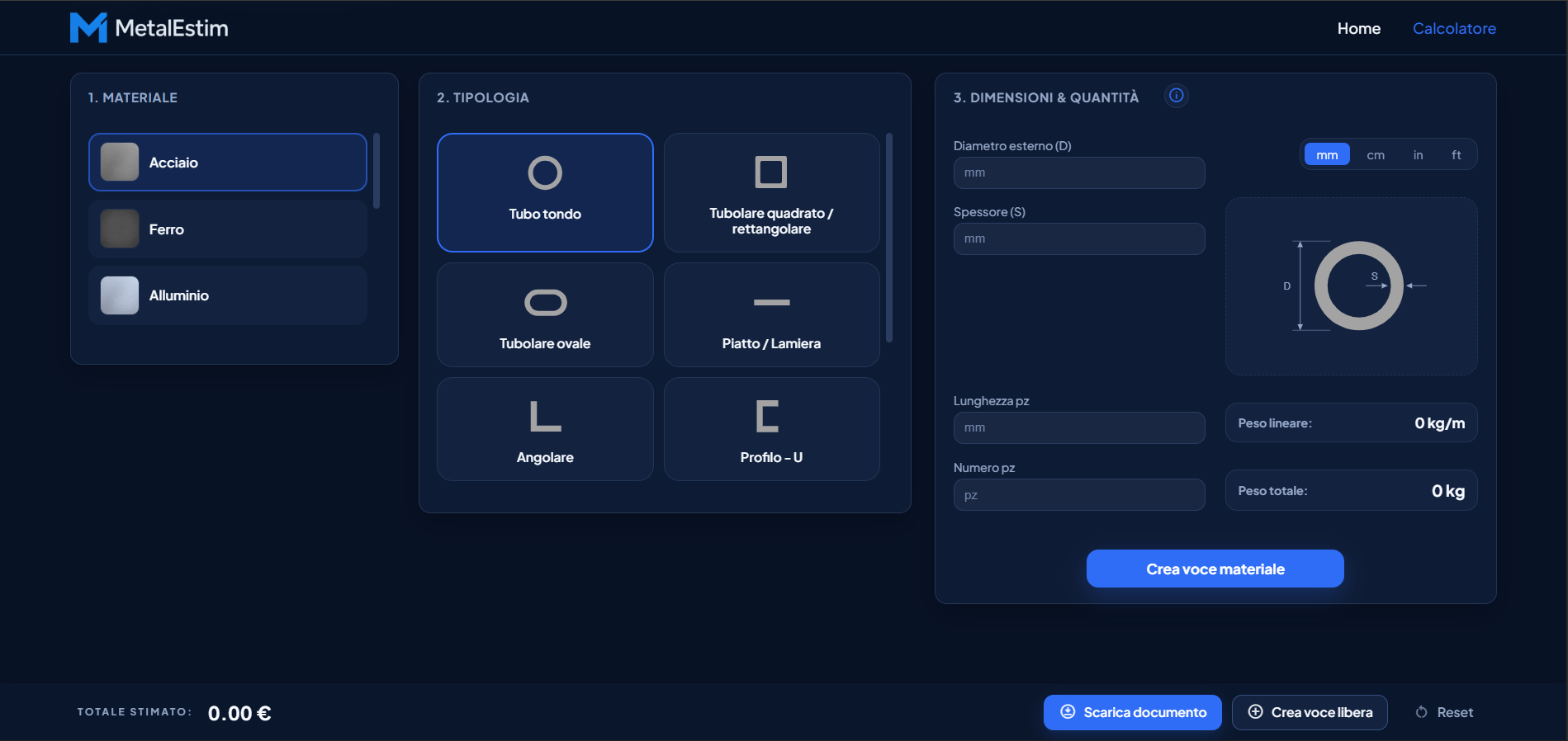 Anteprima di MetalEstim con stima totale, voci di materiale e lavorazioni
