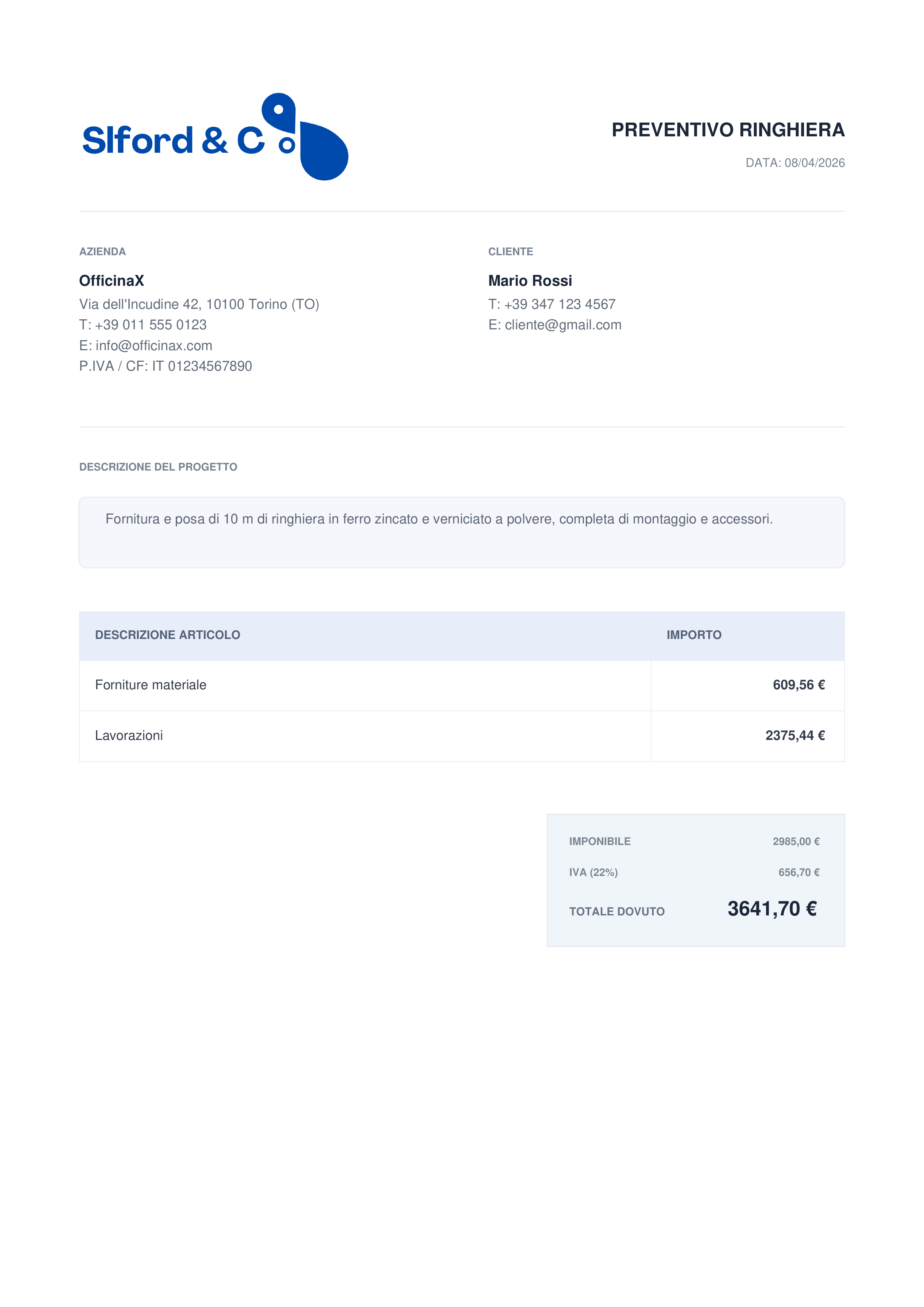 Preventivo cliente generato da MetalEstim